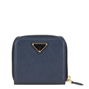 Prada triangular logo plate bifold wallet Navy Blue Saffiano leather